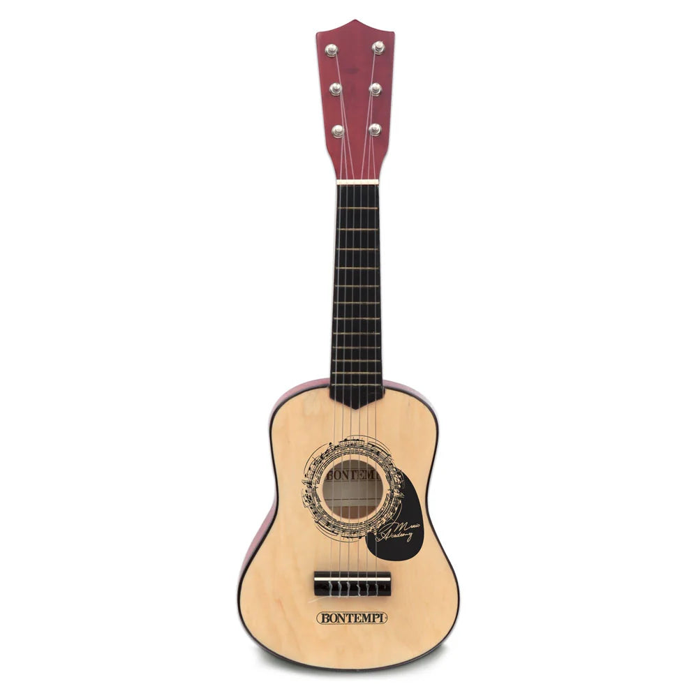 Bontempi 55cm wooden guitar with six strings, natural finish, and black pickguard on white background.