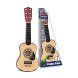 Bontempi 55cm wooden guitar displayed beside its retail box showing natural wood design and included pick.