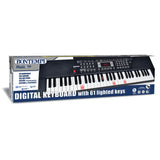 Boxed Bontempi 61 lighted key digital keyboard showing learning functions, demo songs, and USB power options.