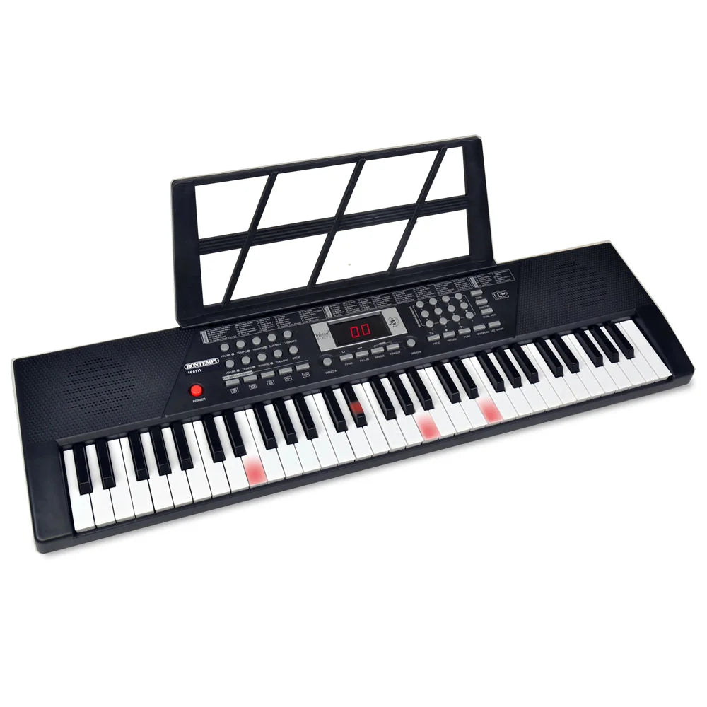 Bontempi 61 lighted key digital keyboard with music stand, control panel, and red illuminated keys on white background.