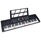 Bontempi 61 lighted key digital keyboard with music stand, control panel, and red illuminated keys on white background.