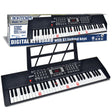 Bontempi 61 lighted key digital keyboard displayed beside its box with music stand and illuminated red keys.