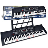 Bontempi 61 lighted key digital keyboard displayed beside its box with music stand and illuminated red keys.