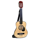 Bontempi 75cm wooden guitar with six strings, shoulder strap, and natural wood body on white background.