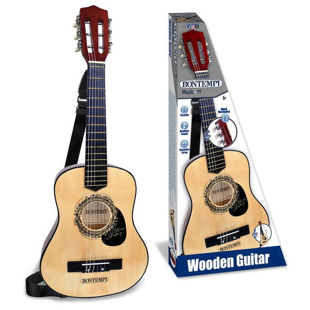 Bontempi 75cm wooden guitar displayed beside its retail box showing classic design and included shoulder strap.