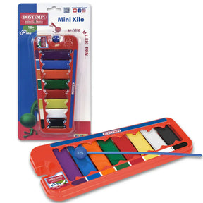 Bontempi 8 Note Mini Xylophone displayed with packaging and blue mallet on white background