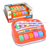 Bontempi Baby Xylopiano with five coloured keys and two playing sticks beside retail packaging