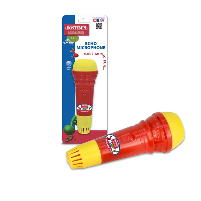 Bontempi Echo Microphone toy displayed beside its retail packaging on white background