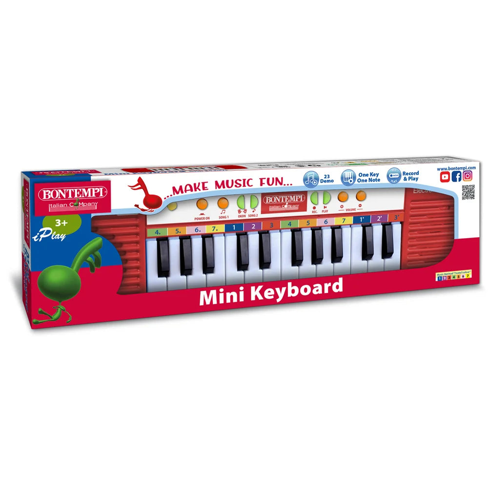 Boxed Bontempi Mini Keyboard showing 24 keys, demo song buttons, and musical graphics on packaging.