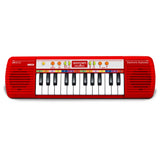 Bontempi red 24 key electronic mini keyboard with colourful note guide, speakers, and control buttons on white background.