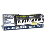 Boxed Bontempi 37 key electronic keyboard showing sounds, rhythms, and learning functions on packaging.