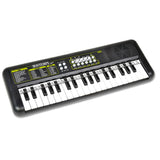Bontempi black 37 key electronic keyboard with note labels, control buttons, and built in speaker on white background.