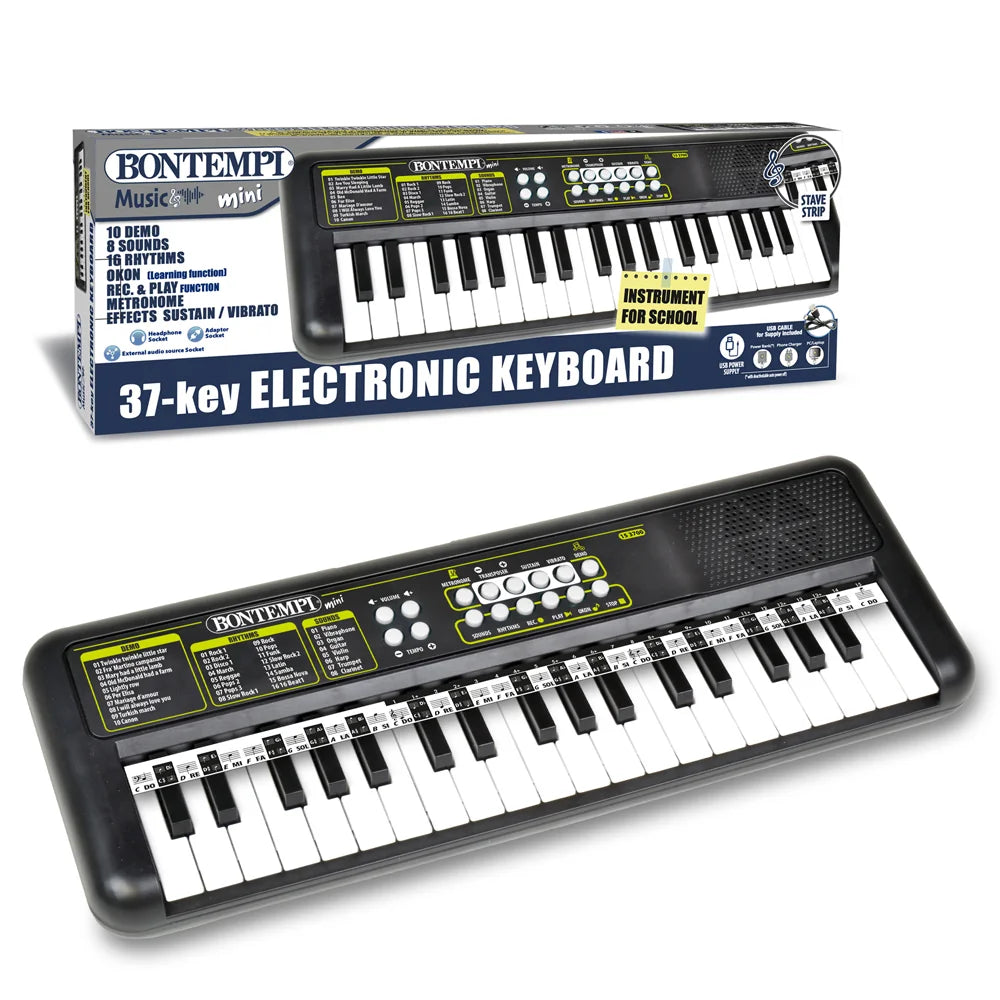 Bontempi 37 key electronic keyboard displayed beside its retail box showing instrument layout and features.