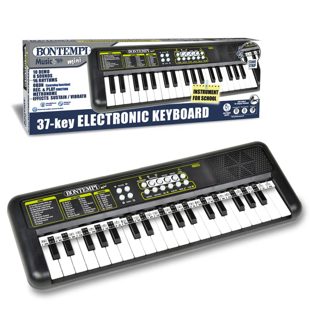 Bontempi 37 key electronic keyboard displayed beside its retail box showing instrument layout and features.