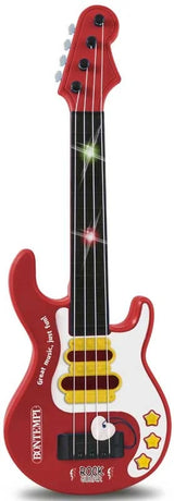 Bontempi electronic rock guitar in red and white with yellow neck and star buttons on white background