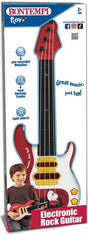 Boxed Bontempi electronic rock guitar showing red and white body, light effects, and musical features.