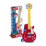 Bontempi Electronic Rock Guitar toy displayed beside its colourful retail packaging with strap and feature icons visible