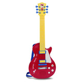 Bontempi red and yellow electronic rock guitar toy with silver strings and blue shoulder strap on white background