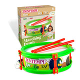 Bontempi Green Marching Drum with two red drumsticks beside retail box