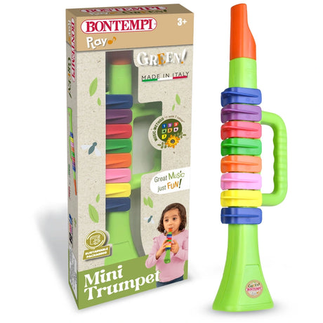Bontempi Green Mini Trumpet displayed beside retail box