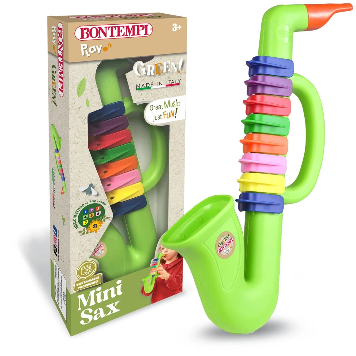 Bontempi Green Saxophone displayed beside Mini Sax retail box