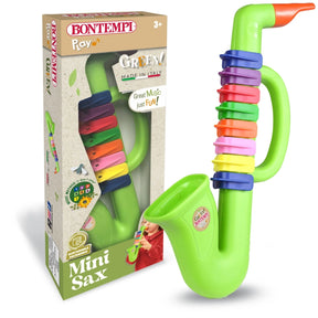 Bontempi Green Saxophone displayed beside Mini Sax retail box