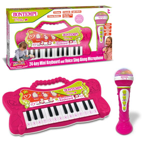 Bontempi 24 Key Electronic Keyboard and pink microphone displayed with retail box