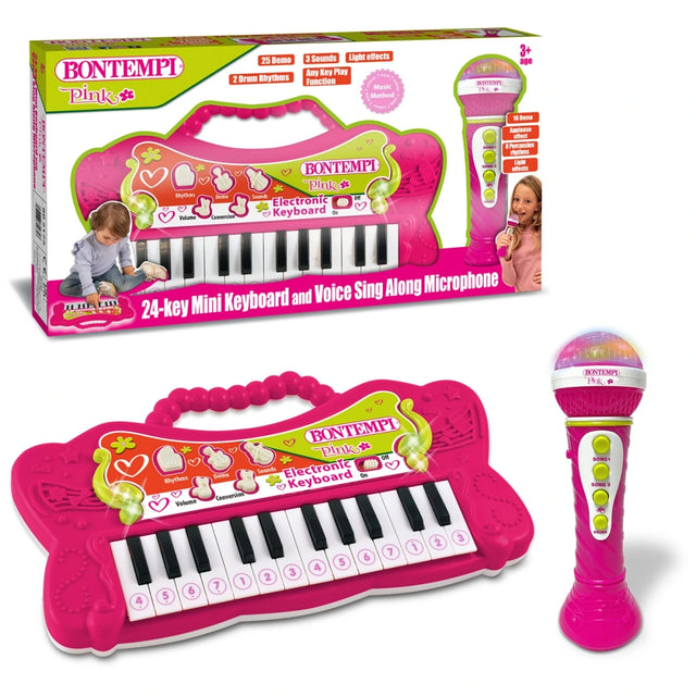 Bontempi 24 Key Electronic Keyboard and pink microphone displayed with retail box