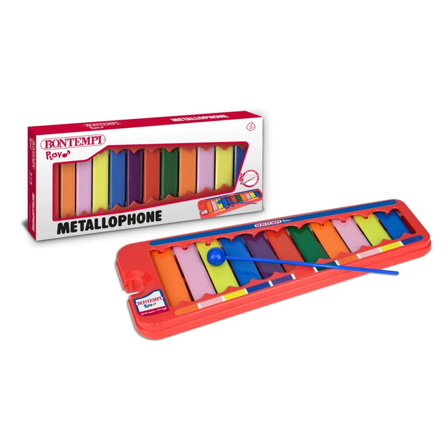 Bontempi Metallophone with 11 coloured note bars and blue mallet beside retail box