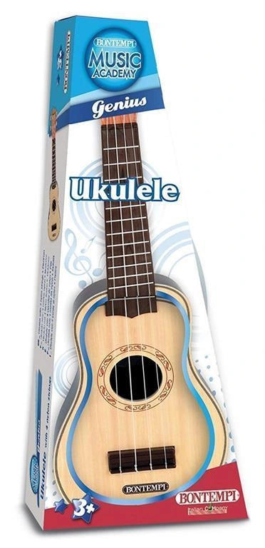 Bontempi plastic ukulele with wood finish displayed beside retail box