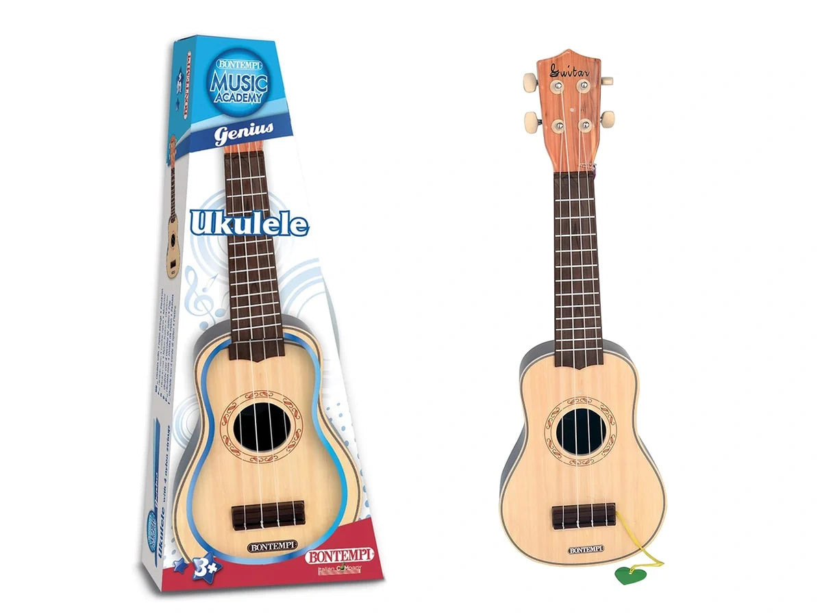 Bontempi plastic ukulele with wood finish beside retail packaging