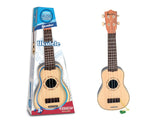 Bontempi plastic ukulele with wood finish beside retail packaging