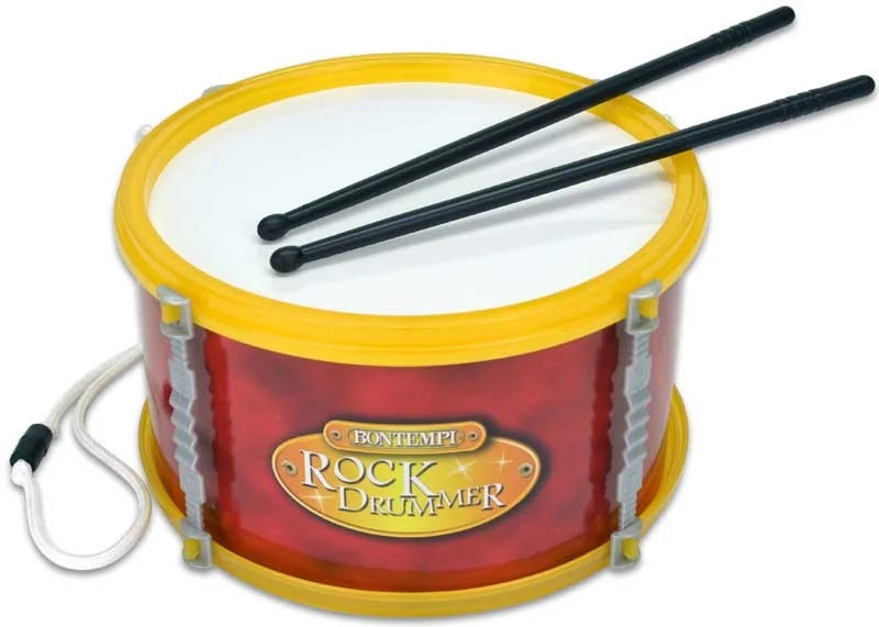Red and yellow Bontempi Rock Drummer toy drum with black sticks and shoulder strap