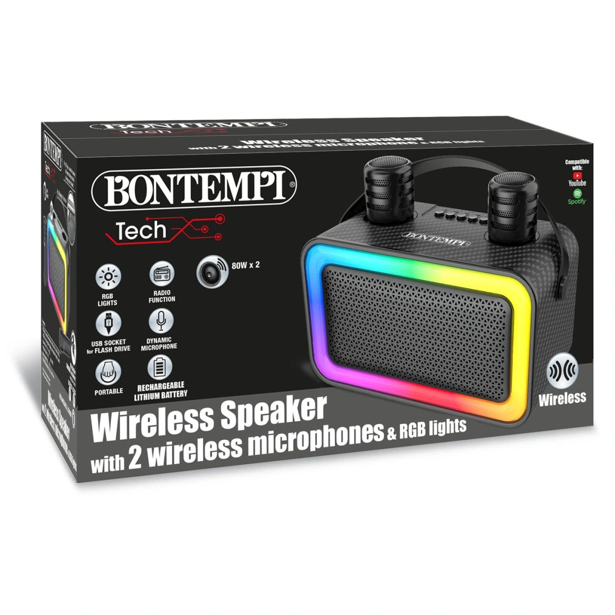 Bontempi Wireless Speaker retail box with two wireless microphones and RGB lights