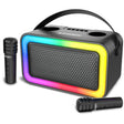 Bontempi Wireless Speaker showing RGB light surround, carry handle and two wireless microphones