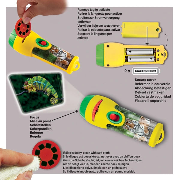 Brainstorm Animal Torch and Projector instructions showing slide insertion, focusing and battery fitting
