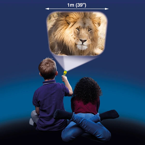 Brainstorm Animal Torch and Projector being used by two children to project a lion image onto a wall