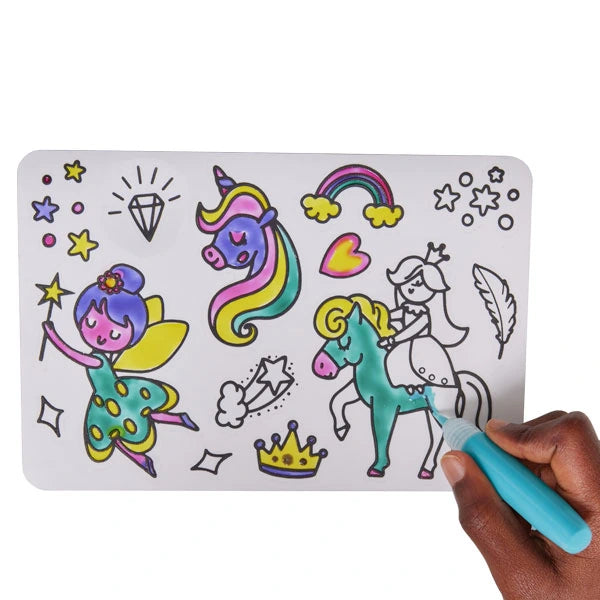 Brainstorm Colour Your Own Stickers Fairytale sheet with unicorns, fairy, crown and rainbow being coloured