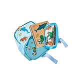 Brainstorm Colour Your Own Stickers Sea Creatures stickers decorating a blue backpack and matching pencil case