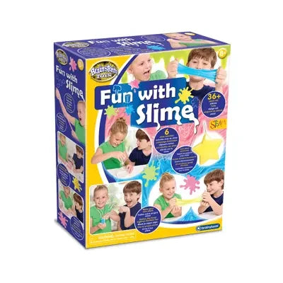 Front view of Brainstorm Fun With Slime packaging featuring six slime activities and kids making glowing stretchy slime