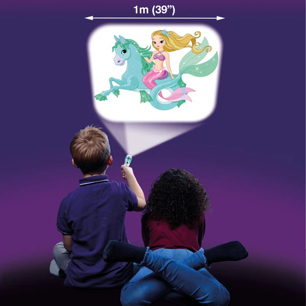 Two children using the Brainstorm Mermaid Torch and Projector to display a mermaid image on a wall