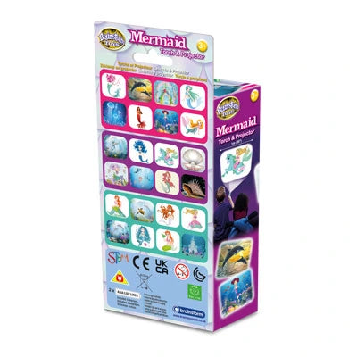 Brainstorm Mermaid Torch and Projector box back showing the 24 included mermaid and underwater images