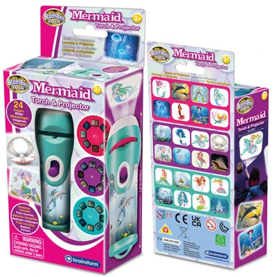 Brainstorm Mermaid Torch and Projector packaging showing the torch, slide discs and image selection