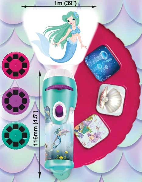 Brainstorm Mermaid Torch and Projector with turquoise torch, three slide discs and sample projected images
