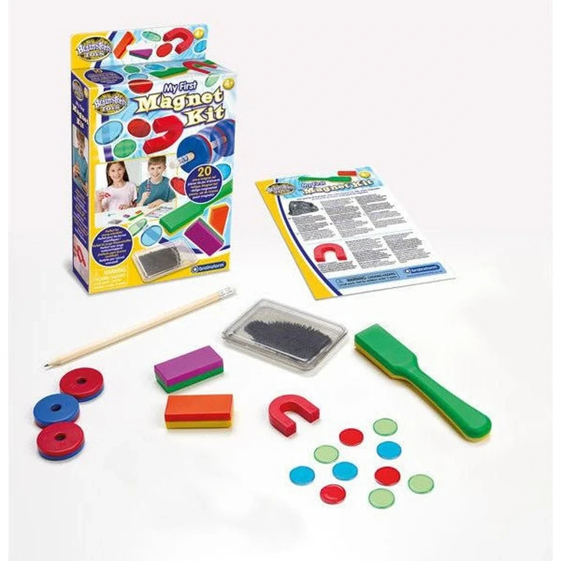 Brainstorm My First Magnet Kit with box, leaflet, magnet wand, ring magnets, block magnets, horseshoe magnet and magnetic chips