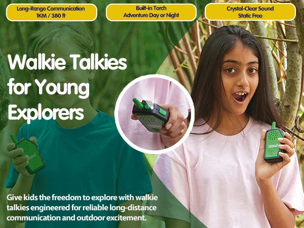 Brainstorm Outdoor Adventure Walkie Talkies showing long range communication, built in torch and controls