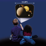 Two children projecting planets onto a wall using the Brainstorm Space Torch in a dark room