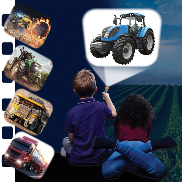 Brainstorm Tractor and Truck Torch and Projector displaying a blue tractor with other vehicle images shown alongside