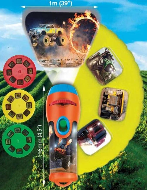 Brainstorm Tractor and Truck Torch and Projector with orange torch, three slide discs and sample vehicle images