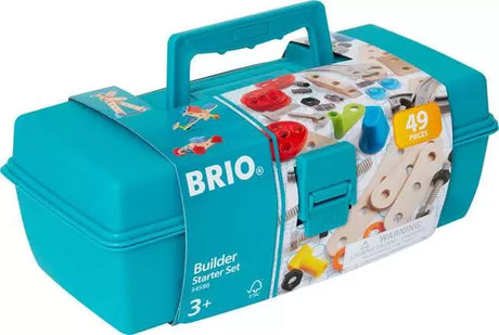Turquoise BRIO Builder Starter Set storage toolbox with carrying handle, BRIO branded packaging sleeve and yellow 49 pieces label.